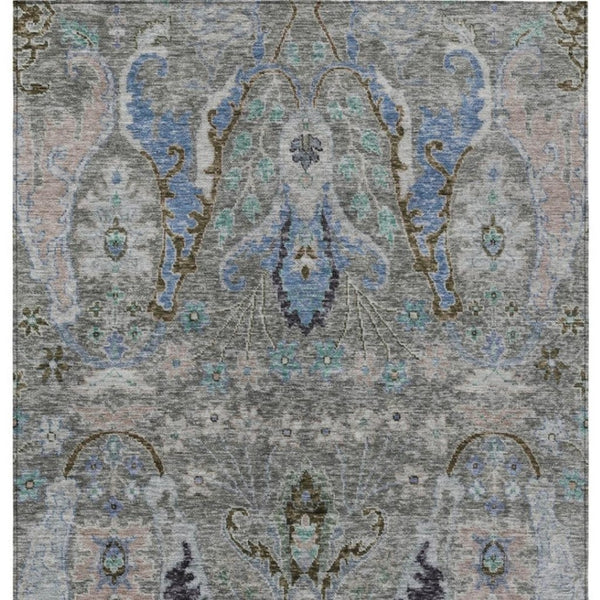 HomeRoots 9' X 12' Pewter Blue Floral Area Rug - Washable, Stain-Resistant, Indoor/Outdoor for High Traffic Areas 626300
