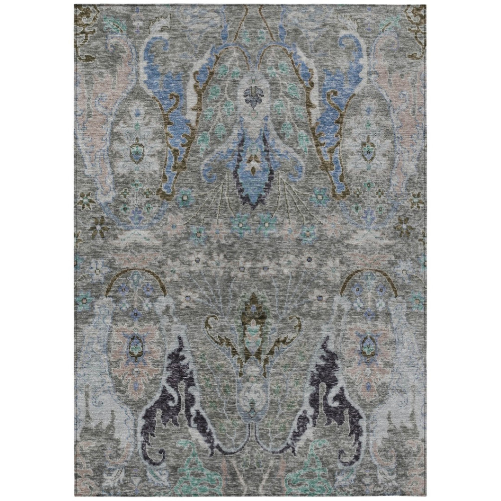 HomeRoots 10' X 14' Elegant Pewter Blue and Gray Floral Area Rug – Indoor/Outdoor, Washable & Durable Design 626301