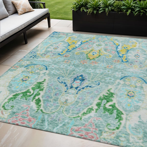 HomeRoots 5' X 8' Vibrant Floral Washable Area Rug in Teal, Yellow & Green - Perfect for Indoor & Outdoor Use! 626303