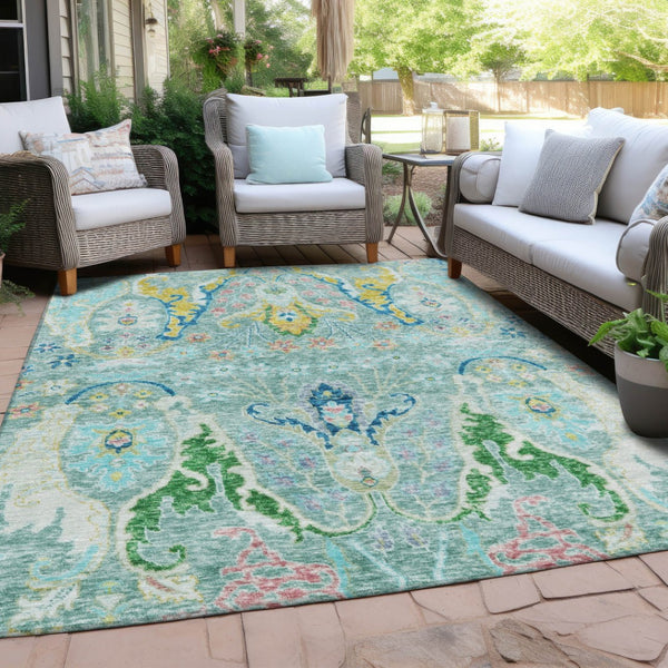 HomeRoots 5' X 8' Vibrant Floral Washable Area Rug in Teal, Yellow & Green - Perfect for Indoor & Outdoor Use! 626303