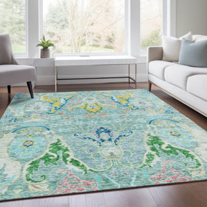 HomeRoots 5' X 8' Vibrant Floral Washable Area Rug in Teal, Yellow & Green - Perfect for Indoor & Outdoor Use! 626303
