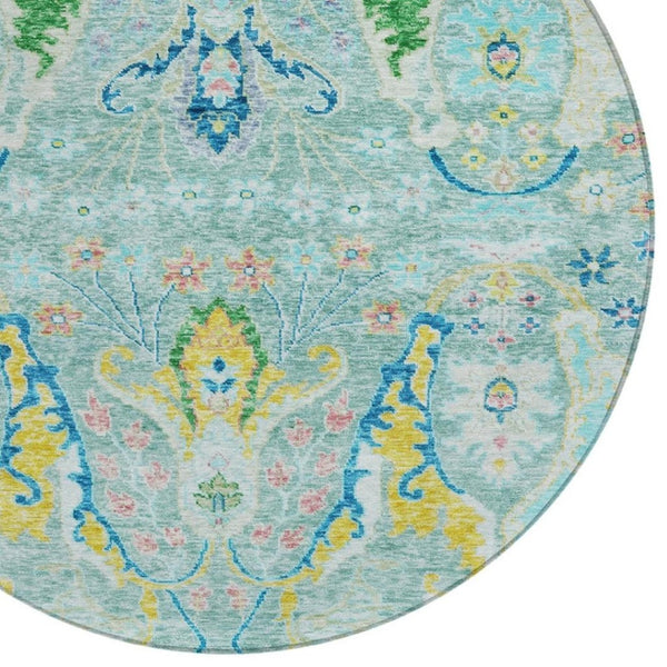 HomeRoots 8' Vibrant Round Floral Area Rug in Teal Blue, Yellow & Green – Washable for Indoor/Outdoor Use 626304