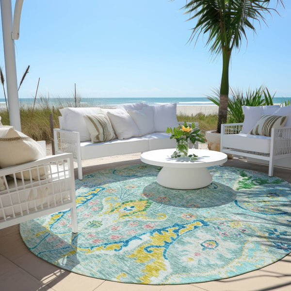 HomeRoots 8' Vibrant Round Floral Area Rug in Teal Blue, Yellow & Green – Washable for Indoor/Outdoor Use 626304