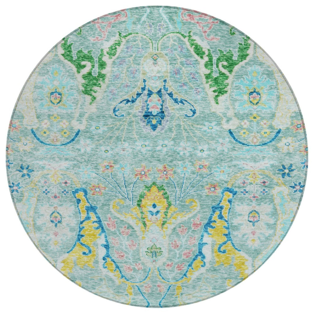 HomeRoots 8' Vibrant Round Floral Area Rug in Teal Blue, Yellow & Green – Washable for Indoor/Outdoor Use 626304