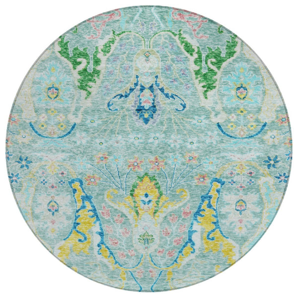 HomeRoots 8' Vibrant Round Floral Area Rug in Teal Blue, Yellow & Green – Washable for Indoor/Outdoor Use 626304