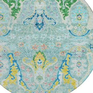 HomeRoots 8' Vibrant Round Floral Area Rug in Teal Blue, Yellow & Green – Washable for Indoor/Outdoor Use 626304