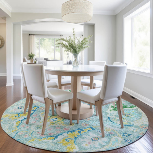HomeRoots 8' Vibrant Round Floral Area Rug in Teal Blue, Yellow & Green – Washable for Indoor/Outdoor Use 626304
