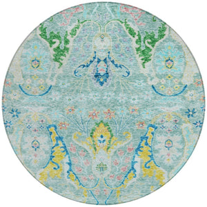 HomeRoots 8' Vibrant Round Floral Area Rug in Teal Blue, Yellow & Green – Washable for Indoor/Outdoor Use 626304