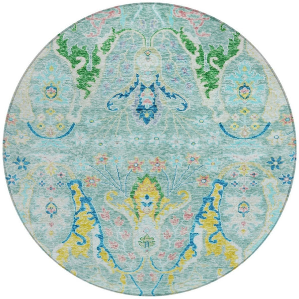 HomeRoots 8' Vibrant Round Floral Area Rug in Teal Blue, Yellow & Green – Washable for Indoor/Outdoor Use 626304