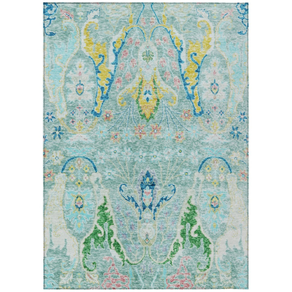 HomeRoots 8' X 10' Floral Indoor Outdoor Area Rug in Teal Blue Yellow Green - Washable, Durable & Stylish! 626305