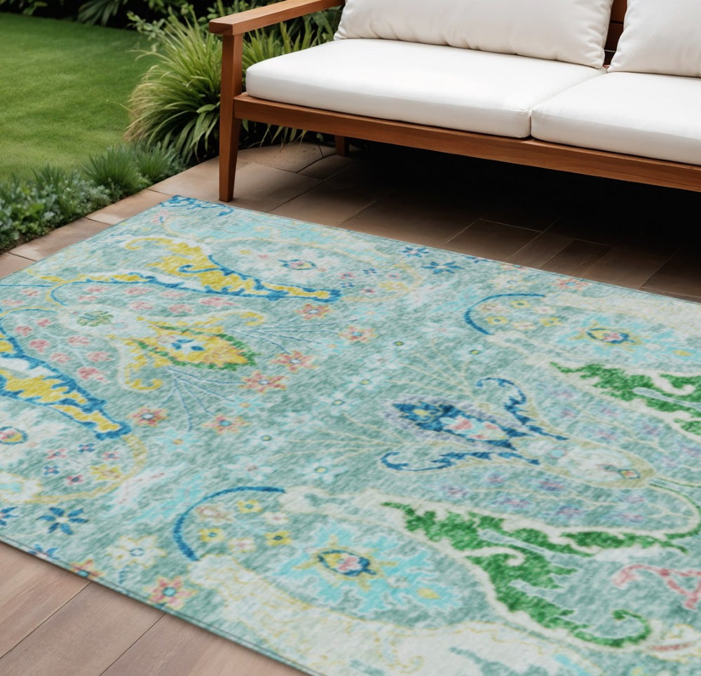 HomeRoots 9' Vibrant Teal Blue Yellow Green Floral Indoor Outdoor Area Rug - Washable, Durable & Stylish Design 626306