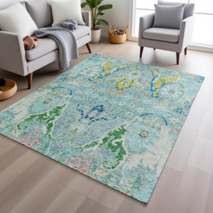 HomeRoots 10' Vibrant Teal Blue Yellow Green Floral Washable Area Rug for Indoor & Outdoor Spaces 626307
