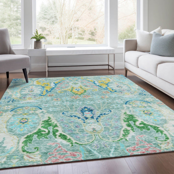HomeRoots 10' Vibrant Teal Blue Yellow Green Floral Washable Area Rug for Indoor & Outdoor Spaces 626307