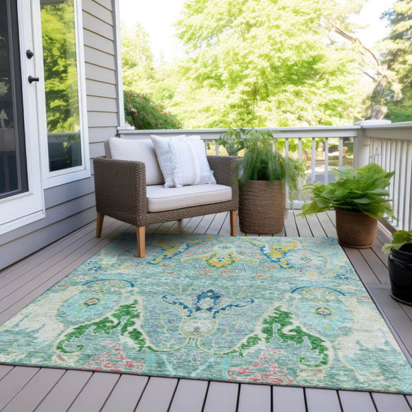 HomeRoots 10' Vibrant Teal Blue Yellow Green Floral Washable Area Rug for Indoor & Outdoor Spaces 626307