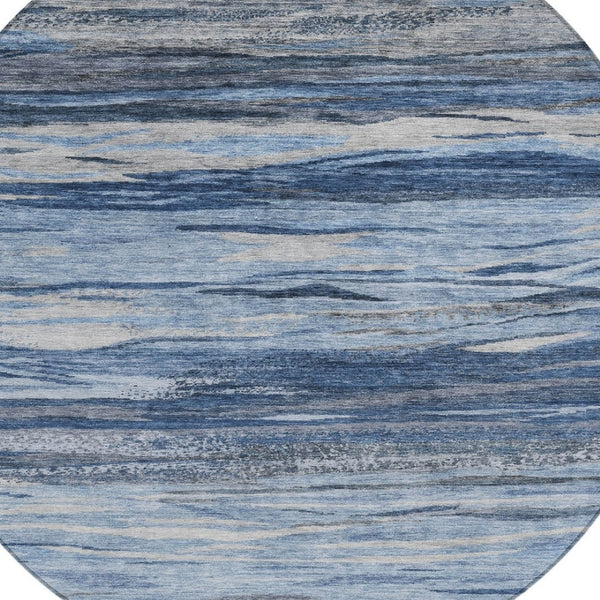 HomeRoots 8' Blue Gray Silver Round Abstract Area Rug - Stylish, Machine Washable, Durable for Indoor & Outdoor Use 626316