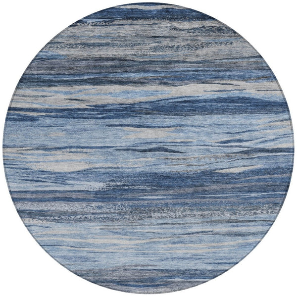 HomeRoots 8' Blue Gray Silver Round Abstract Area Rug - Stylish, Machine Washable, Durable for Indoor & Outdoor Use 626316