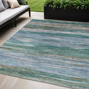 HomeRoots 5' X 8' Teal Blue Khaki Taupe Abstract Rug - Stylish, Washable Indoor/Outdoor Area Rug for All Spaces! 626333