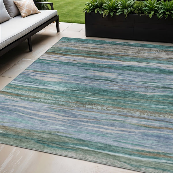 HomeRoots 5' X 8' Teal Blue Khaki Taupe Abstract Rug - Stylish, Washable Indoor/Outdoor Area Rug for All Spaces! 626333