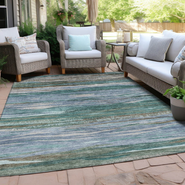 HomeRoots 5' X 8' Teal Blue Khaki Taupe Abstract Rug - Stylish, Washable Indoor/Outdoor Area Rug for All Spaces! 626333