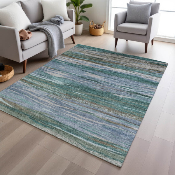 HomeRoots 5' X 8' Teal Blue Khaki Taupe Abstract Rug - Stylish, Washable Indoor/Outdoor Area Rug for All Spaces! 626333