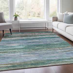 HomeRoots 5' X 8' Teal Blue Khaki Taupe Abstract Rug - Stylish, Washable Indoor/Outdoor Area Rug for All Spaces! 626333