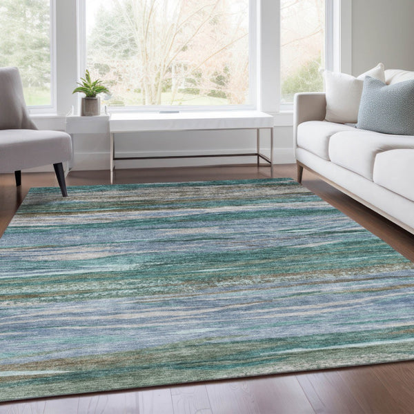 HomeRoots 5' X 8' Teal Blue Khaki Taupe Abstract Rug - Stylish, Washable Indoor/Outdoor Area Rug for All Spaces! 626333