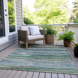 HomeRoots 5' X 8' Teal Blue Khaki Taupe Abstract Rug - Stylish, Washable Indoor/Outdoor Area Rug for All Spaces! 626333