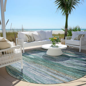HomeRoots 8' Teal Blue Abstract Area Rug - Stylish Washable Round Design for Indoor & Outdoor Spaces! 626334