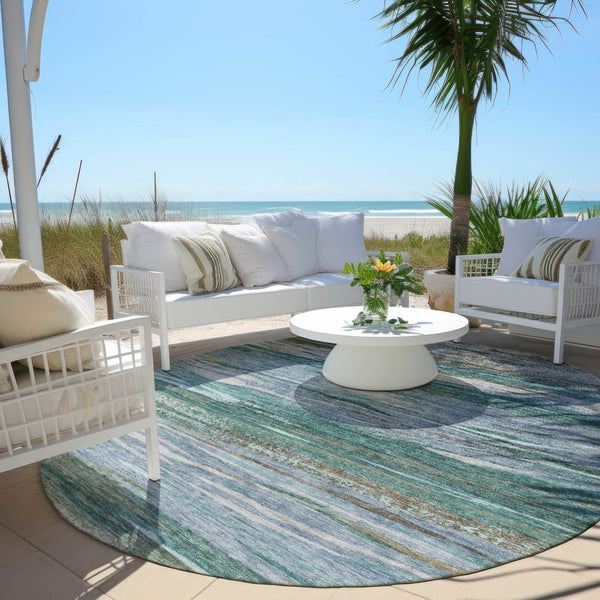 HomeRoots 8' Teal Blue Abstract Area Rug - Stylish Washable Round Design for Indoor & Outdoor Spaces! 626334