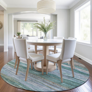 HomeRoots 8' Teal Blue Abstract Area Rug - Stylish Washable Round Design for Indoor & Outdoor Spaces! 626334