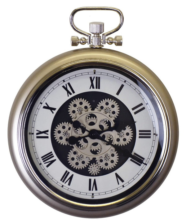 HomeRoots 16" Industrial Skeleton Pocket Watch Wall Clock - Champagne White & Black Metal Decor with Gears 626338