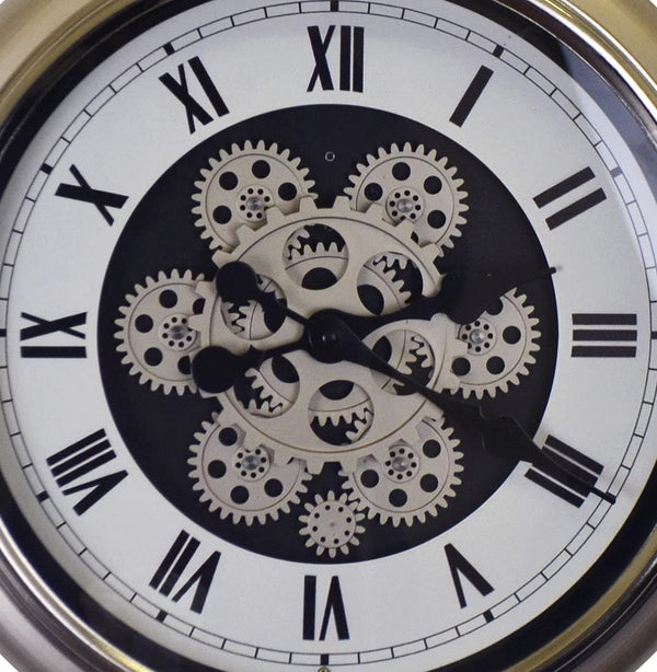 HomeRoots 16" Industrial Skeleton Pocket Watch Wall Clock - Champagne White & Black Metal Decor with Gears 626338