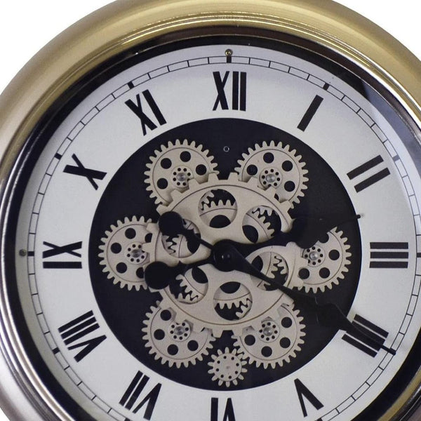 HomeRoots 16" Industrial Skeleton Pocket Watch Wall Clock - Champagne White & Black Metal Decor with Gears 626338