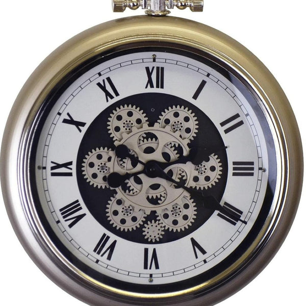HomeRoots 16" Industrial Skeleton Pocket Watch Wall Clock - Champagne White & Black Metal Decor with Gears 626338