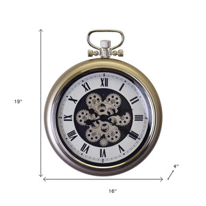 HomeRoots 16" Industrial Skeleton Pocket Watch Wall Clock - Champagne White & Black Metal Decor with Gears 626338