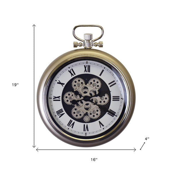 HomeRoots 16" Industrial Skeleton Pocket Watch Wall Clock - Champagne White & Black Metal Decor with Gears 626338