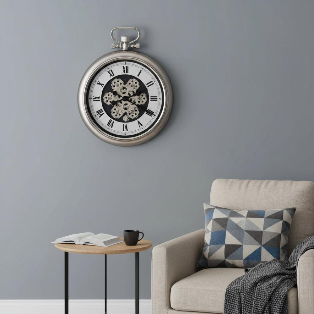 HomeRoots 16" Industrial Skeleton Pocket Watch Wall Clock - Champagne White & Black Metal Decor with Gears 626338