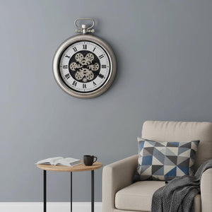 HomeRoots 16" Industrial Skeleton Pocket Watch Wall Clock - Champagne White & Black Metal Decor with Gears 626338