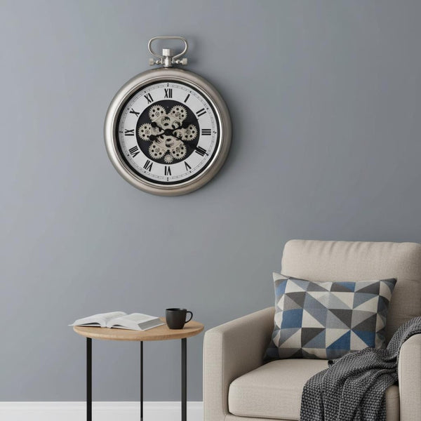 HomeRoots 16" Industrial Skeleton Pocket Watch Wall Clock - Champagne White & Black Metal Decor with Gears 626338