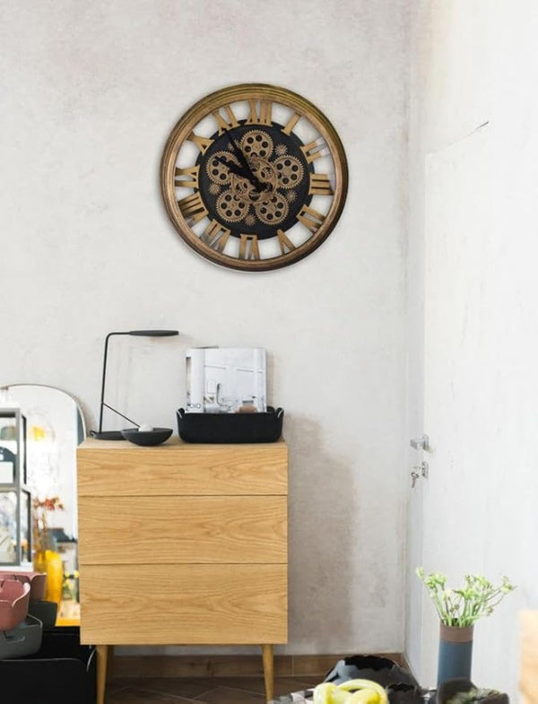 HomeRoots 18" Industrial Antique Gold and Black Silent Skeleton Gear Wall Clock for Modern Home Décor 626339