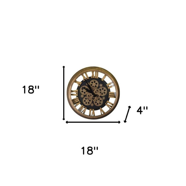 HomeRoots 18" Industrial Antique Gold and Black Silent Skeleton Gear Wall Clock for Modern Home Décor 626339