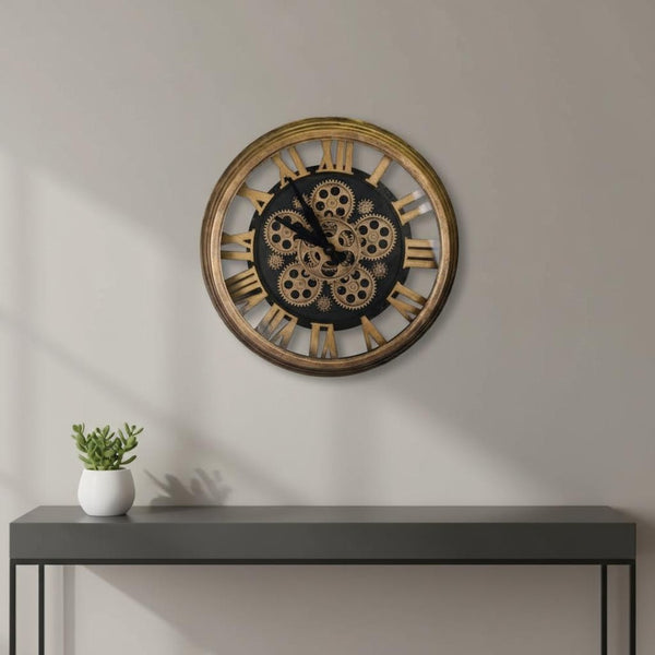 HomeRoots 18" Industrial Antique Gold and Black Silent Skeleton Gear Wall Clock for Modern Home Décor 626339