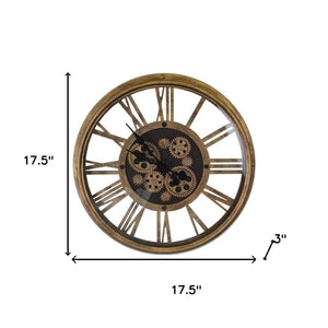 HomeRoots 18" Antiqued Gold and Black Metal Skeleton Wall Clock - Silent Gear Design for Modern Decor Elegance 626340