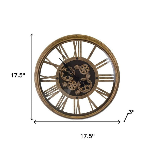 HomeRoots 18" Antiqued Gold and Black Metal Skeleton Wall Clock - Silent Gear Design for Modern Decor Elegance 626340