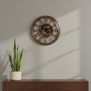 HomeRoots 18" Antiqued Gold and Black Metal Skeleton Wall Clock - Silent Gear Design for Modern Decor Elegance 626340
