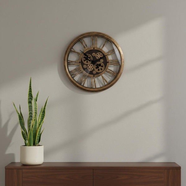 HomeRoots 18" Antiqued Gold and Black Metal Skeleton Wall Clock - Silent Gear Design for Modern Decor Elegance 626340