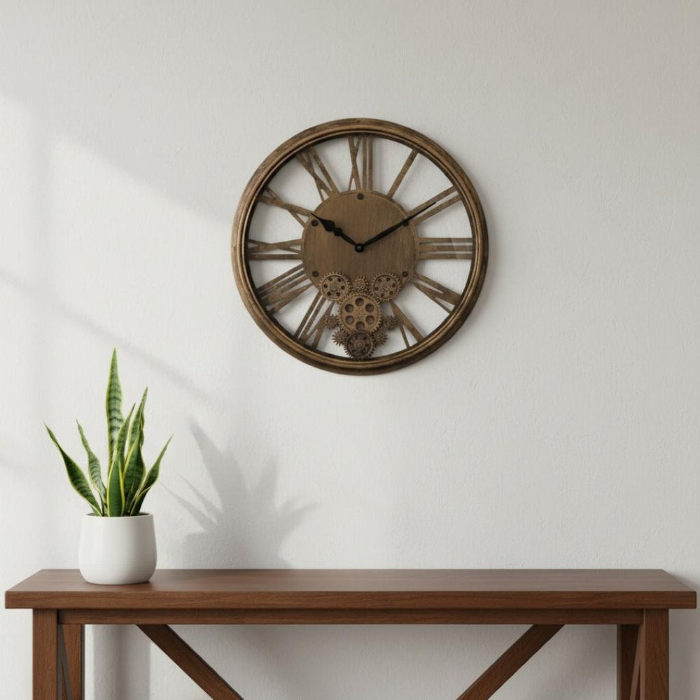 HomeRoots 18" Antiqued Gold and Black Metal Skeleton Wall Clock - Silent Movement, Exposed Gears, Vintage Charm 626341