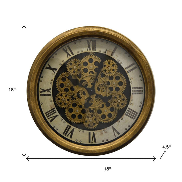 HomeRoots 18" Antiqued Gold Black & White Skeleton Wall Clock - Vintage Industrial Design with Silent Mechanism 626342