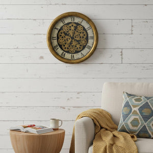 HomeRoots 18" Antiqued Gold Black & White Skeleton Wall Clock - Vintage Industrial Design with Silent Mechanism 626342