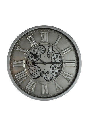 HomeRoots 18" Silver and Black Metal Skeleton Wall Clock - Industrial Chic Design with Silent Movement and Gears 626346